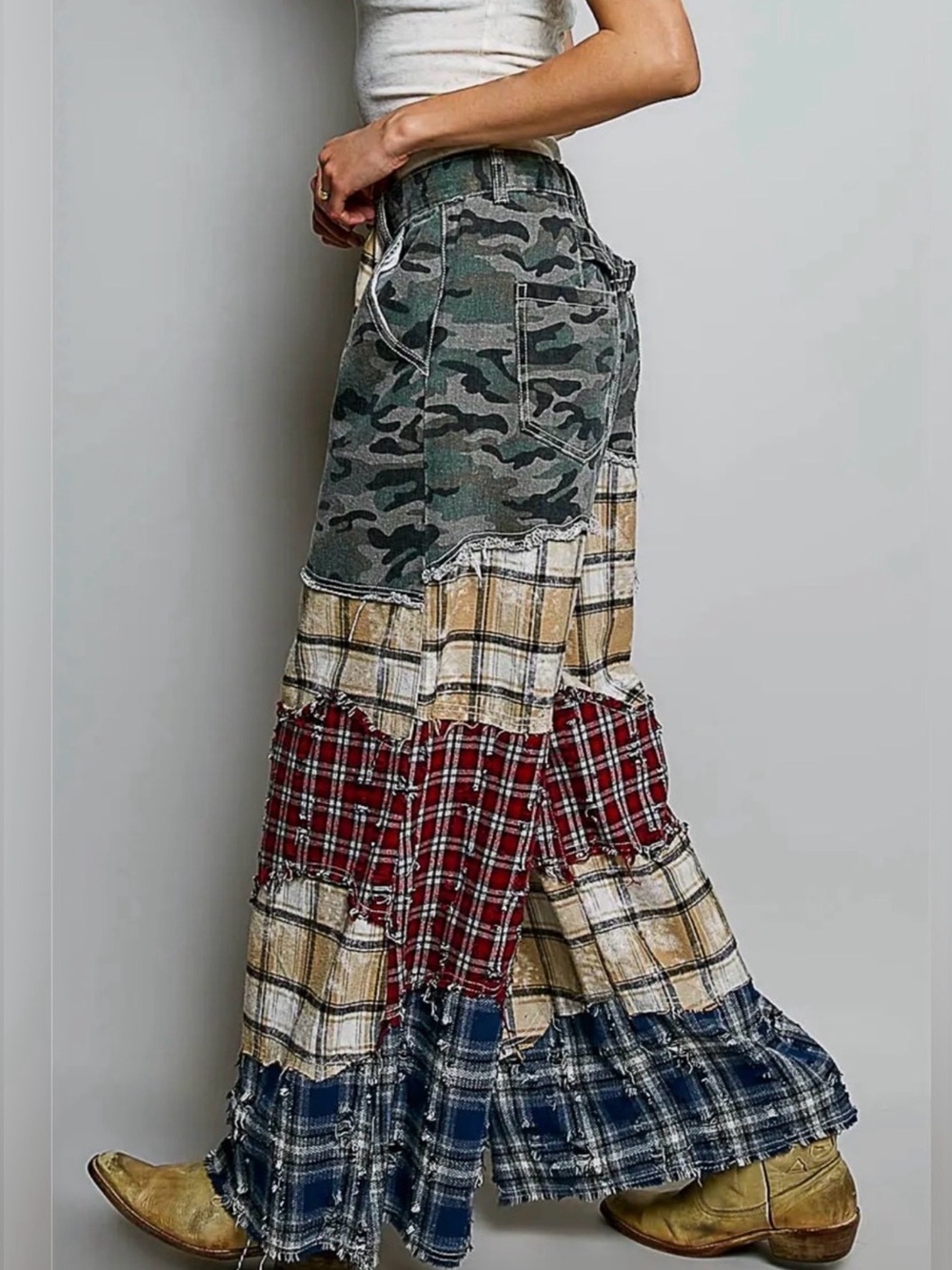 NEW POL : Patchwork Wide-Leg Plaid & Camo Pants - Picture 2 of 3